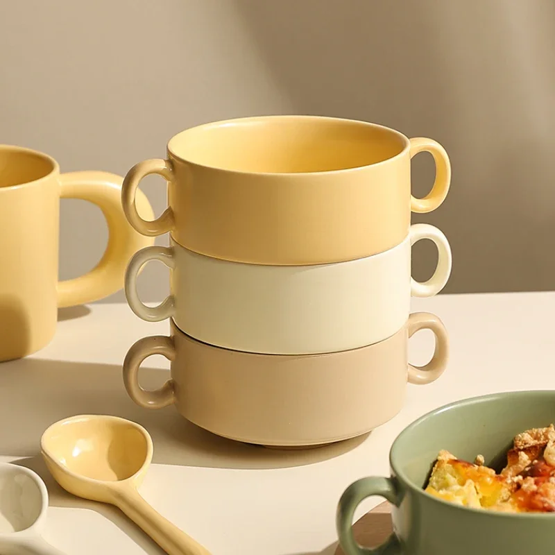 Ceramic Binaural Bowl Korean Style Solid Color Homehold Tableware Breakfast Fruit Salad Rice Soup Lunch Bowl Ramekin Kitchenware