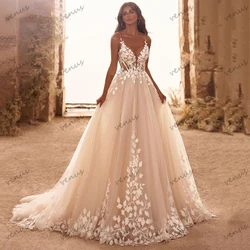 Exquisite Wedding Dresses A-Line Tulle Tiered Bridal Gowns Lace Appliques Spaghetti Straps Robes Vestidos De Novia Customized