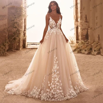 Wykwintne suknie ślubne Linia A Tiulowe wielowarstwowe suknie ślubne Koronkowe aplikacje Pasy spaghetti Szaty Vestidos De Novia Dostosowane