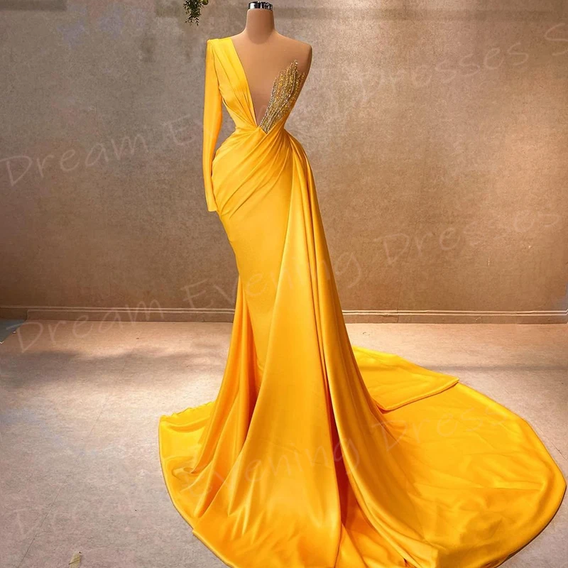 Fashionable Yellow Mermaid Modest Women's Evening Dresses One Shoulder Long Sleeve Prom Gowns Beaded Pleated فساتين سعيد شارون