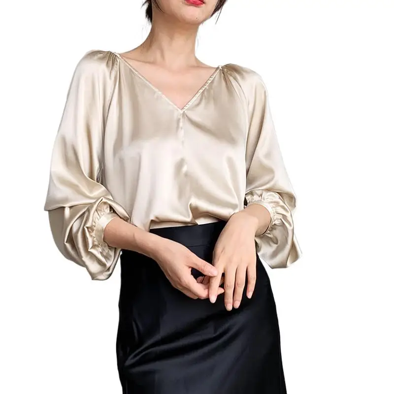 

Women Fashion Casual Spring and Autumn Long Sleeve Acetate Satin T-shirt Office Women's Chic OL Style Artificial Silk Shirt Top