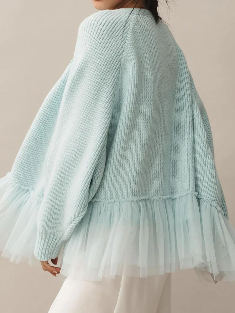 

Elegant Casual Commuting Overcoat 2025 Autumn Winter New Lace Hem Knitted Cardigans Ladies Solid Color Loose Warm Sweater Coat