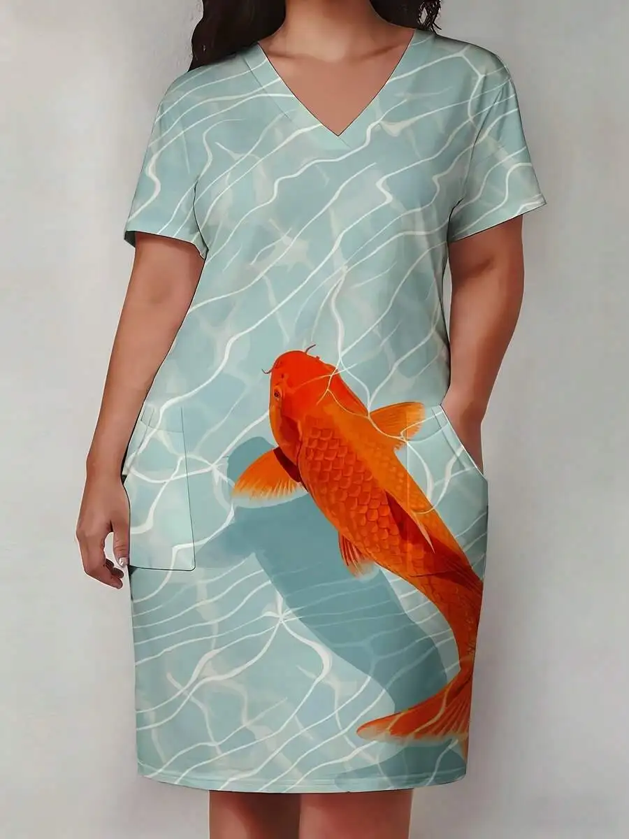 

V Neck Koi Fish Print Dress With Pockets Casual Loose Fit Women Tunic