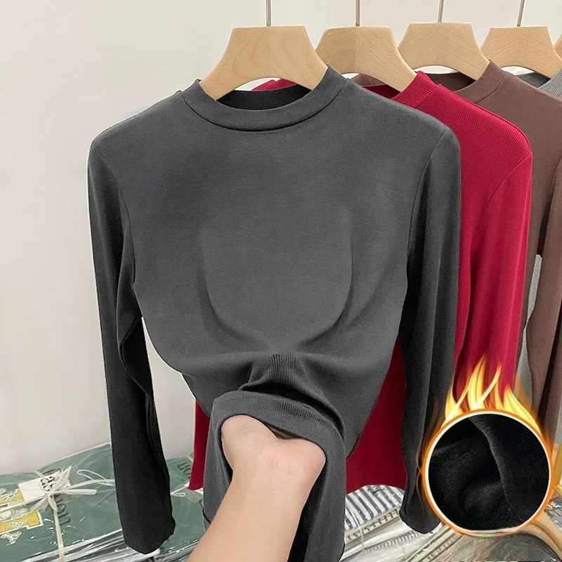 가을 겨울 기본 고품질 코튼 티셔츠 우아한 슬림 플리스 안감 탑 여성용 터틀넥 긴팔 두꺼운 티셔츠