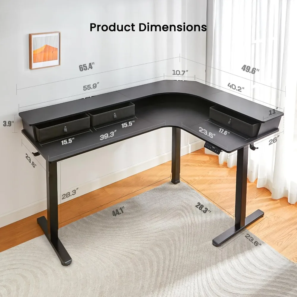 Mesa em forma de L com 3 gavetas, mesa em pé, altura ajustável, prateleira do monitor, C-Clamp Mount Compatível, 65"