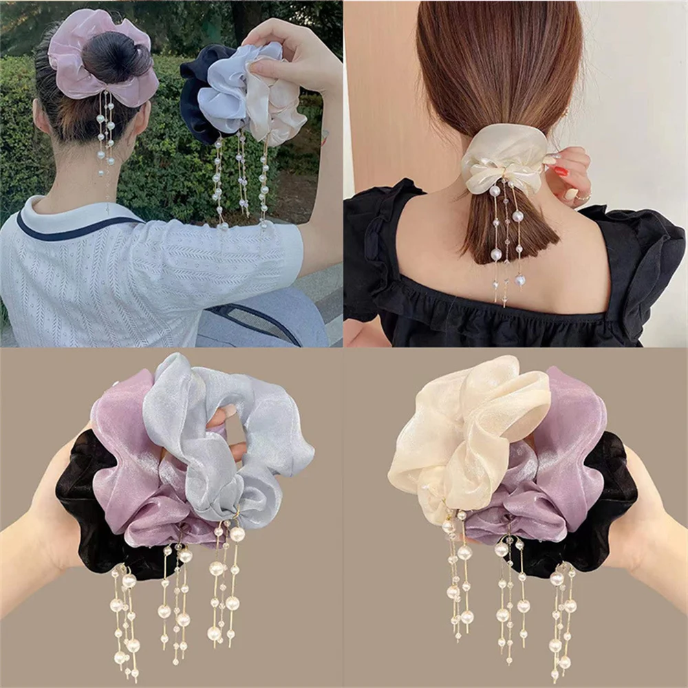 Women Pearls Rhinestone Hair Tie Scrunchie Tassel Chiffon Large Intestine Elastic Hair Bands Bowknot Ponytail Hair Accessories