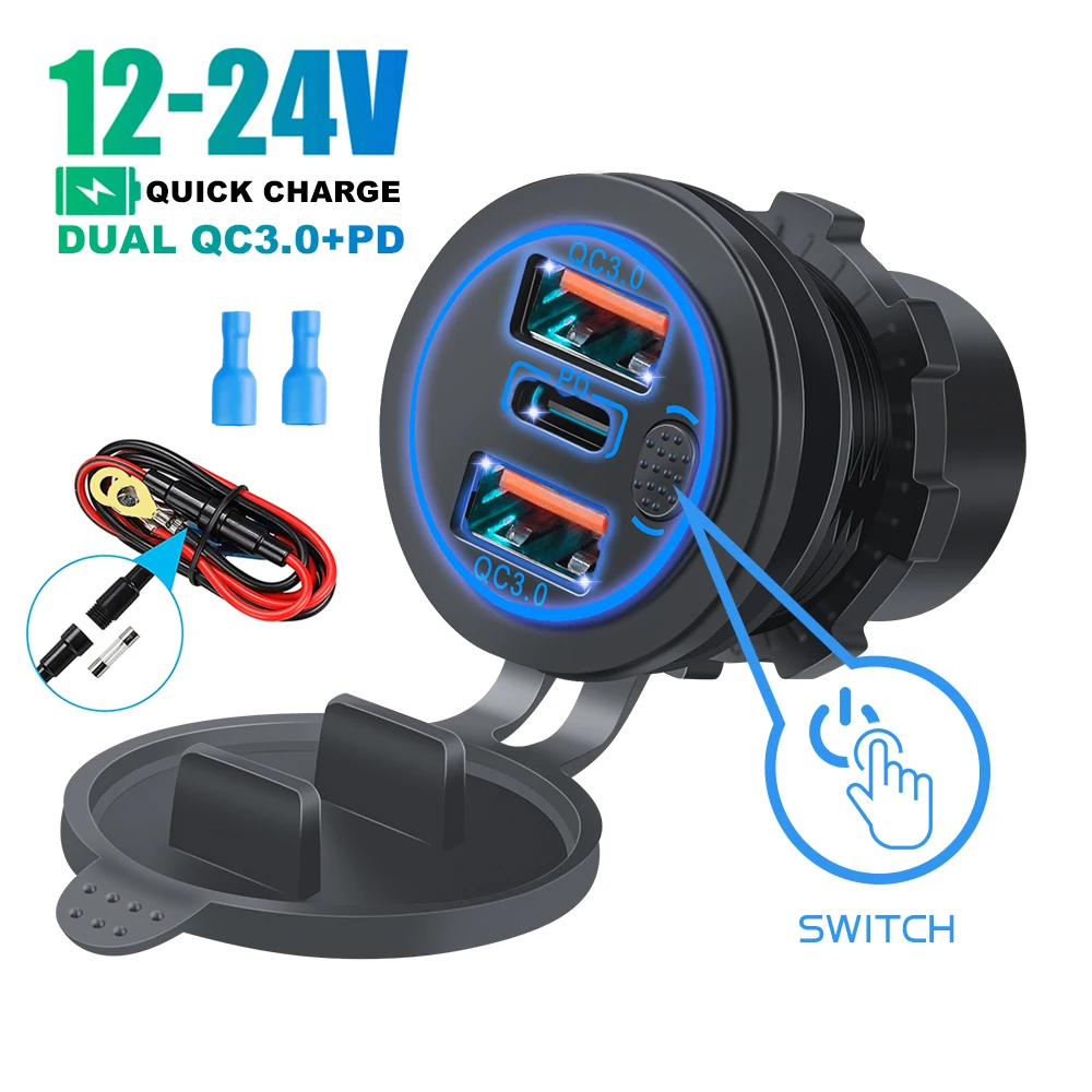 

Triple Car Charger Socket QC 3.0 USB Type-C Multiple Quickly charge adapter PD3.0 Ports for Truck Motorcycle with Touch Switch