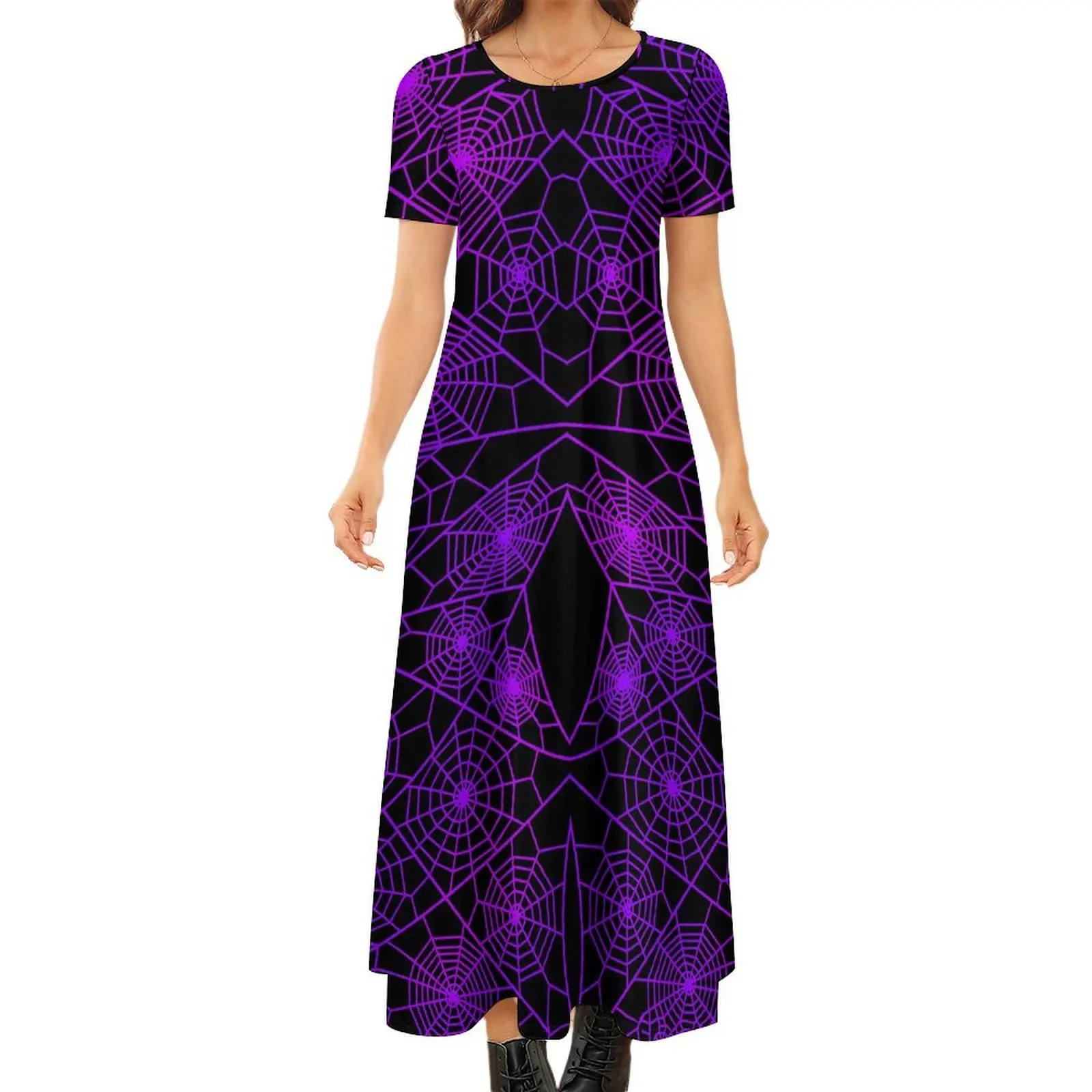 Halloween Print Dress Purple Spider Web Cute Maxi Dress Korean Fashion Bohemia Long Dresses Women Short Sleeve Oversized Vestido