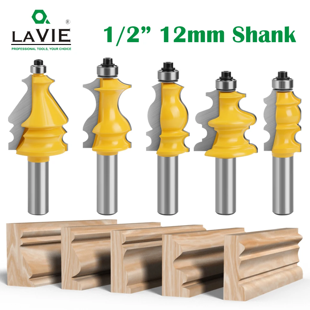 LAVIE 5pcs 12mm 1/2 Inch Shank 12.7mm CNC Line Set Casing & Base Molding Router Bit Woodworking Cutter Milling Cutter MC03087