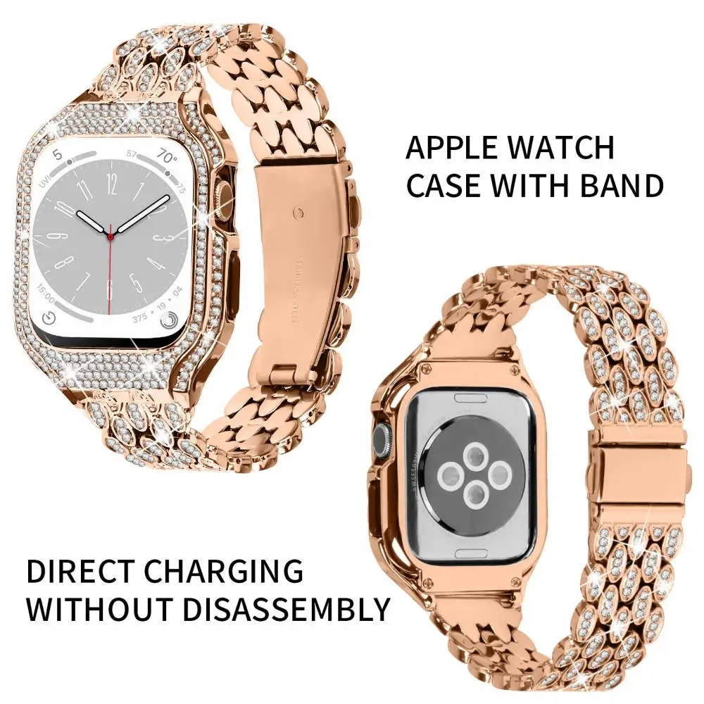 Bling Diamond Modification Kit Case+Strap For Apple Watch Band 41mm 40mm Women Fashion Metal Bracelet For iWatch SE 6 7 8 Cover