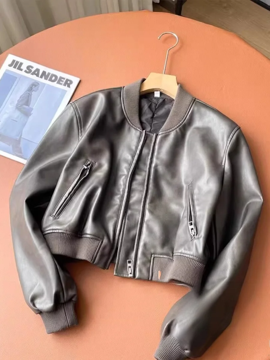 Sli ort – manteau de pilote en cuir pour femme, faux cuir, rétro américain, Faion, automne 2023, fermeture à glissière, col montant