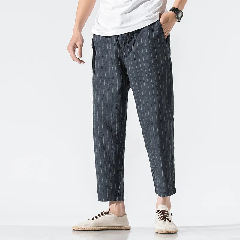 Chinese Style Cotton Linen Cropped Trousers Men's Clothing Summer Thin Plus Size Loose Striped Pants 5xl Retro Casual Pants