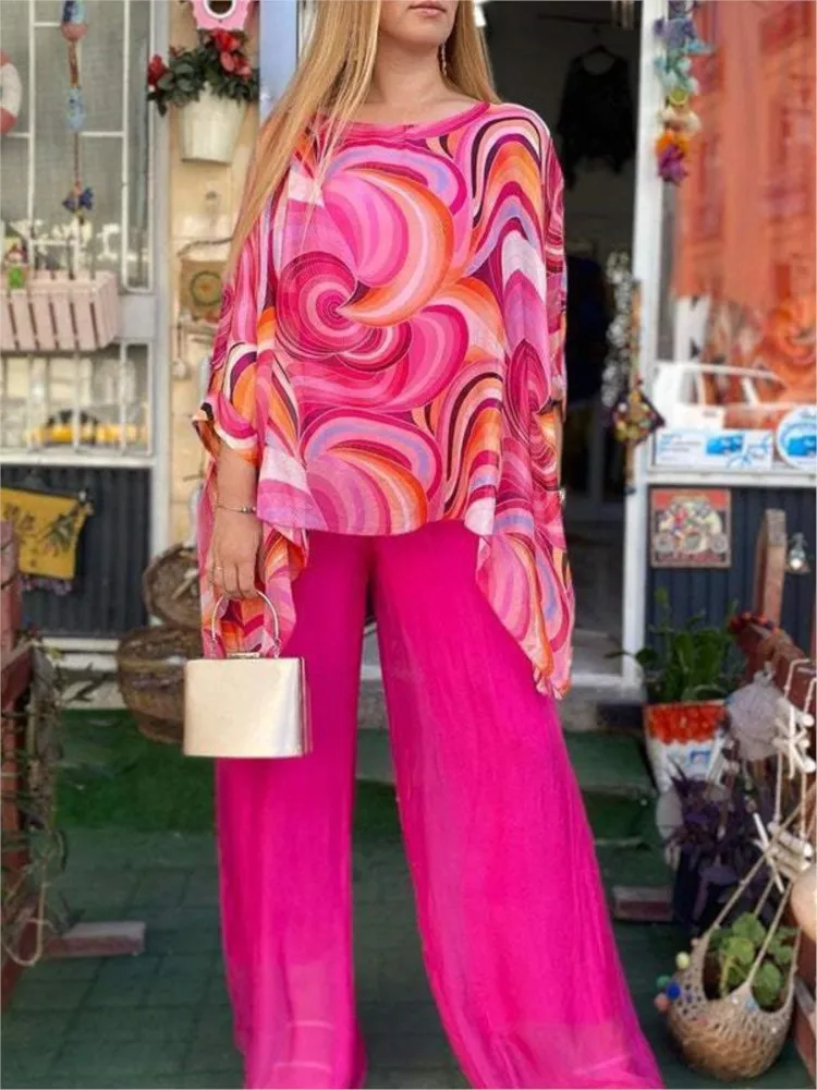 Ensemble deux pièces en mousseline de soie imprimée pour femme, chemisier et pantalon large, décontracté, mode estivale, 2024