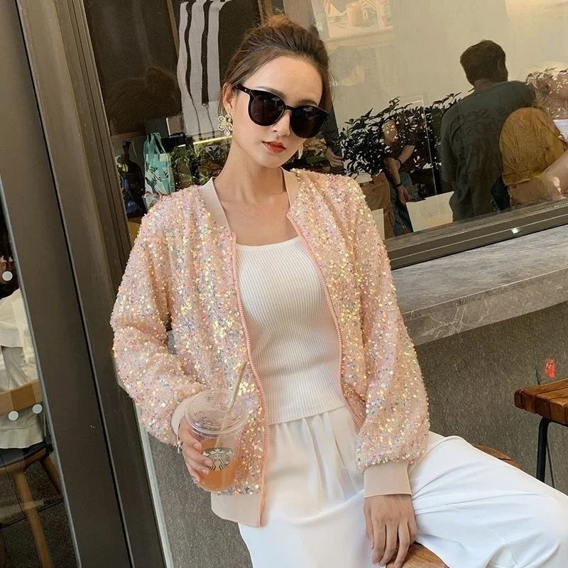 

Женская блестящая бейсбольная куртка с тяжелой вышивкой, весенне-осенний укороченный топ свободного покроя с блестками, корейский уличный стиль ​