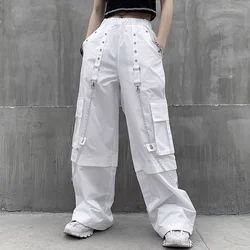 White Cargo Pants Woman Oversized Hippie Streetwear Pocket The Chain Elastic High Waist Trousers Baggy Korean Style Fashion