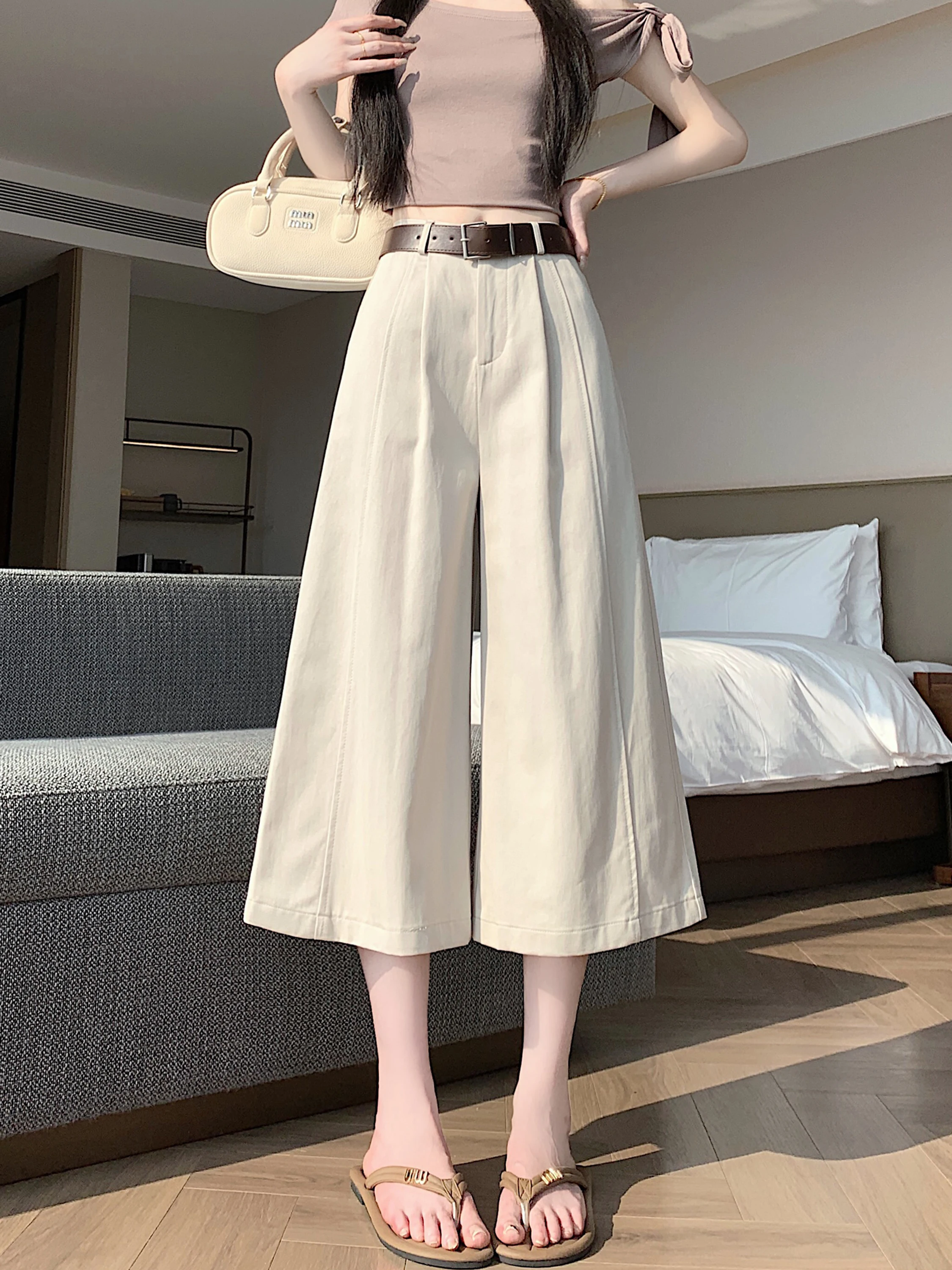

Khaki Wide Leg Suit Pants Women's Summer High Waist Loose Slimming Drapey Versatile Seven-Quarter Casual Straight Leg Trousers