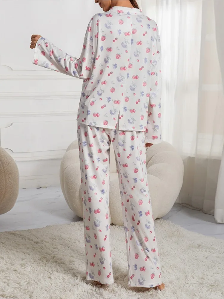 Autumn New Pajamas Women\'s Suit Long-sleeved Button-down Shirt Flower Fruit Print Wide-leg Pants Pajamas