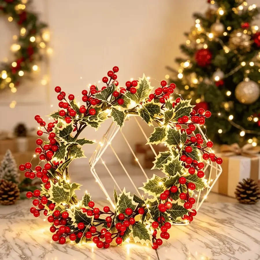 LED Christmas Berry Garland Lights 2M20LED Warm White Battery Operated Green Leaf String Lights for Home Holiday Decorations