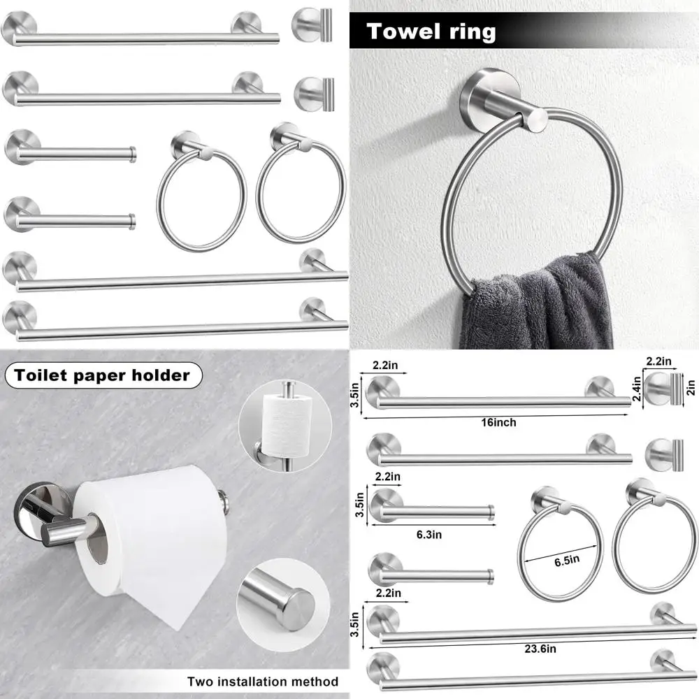 

Bath Hardware Set with Towel Bars, Hooks, Rings, and Toilet Paper Holder - Brushed Nickel Finish
