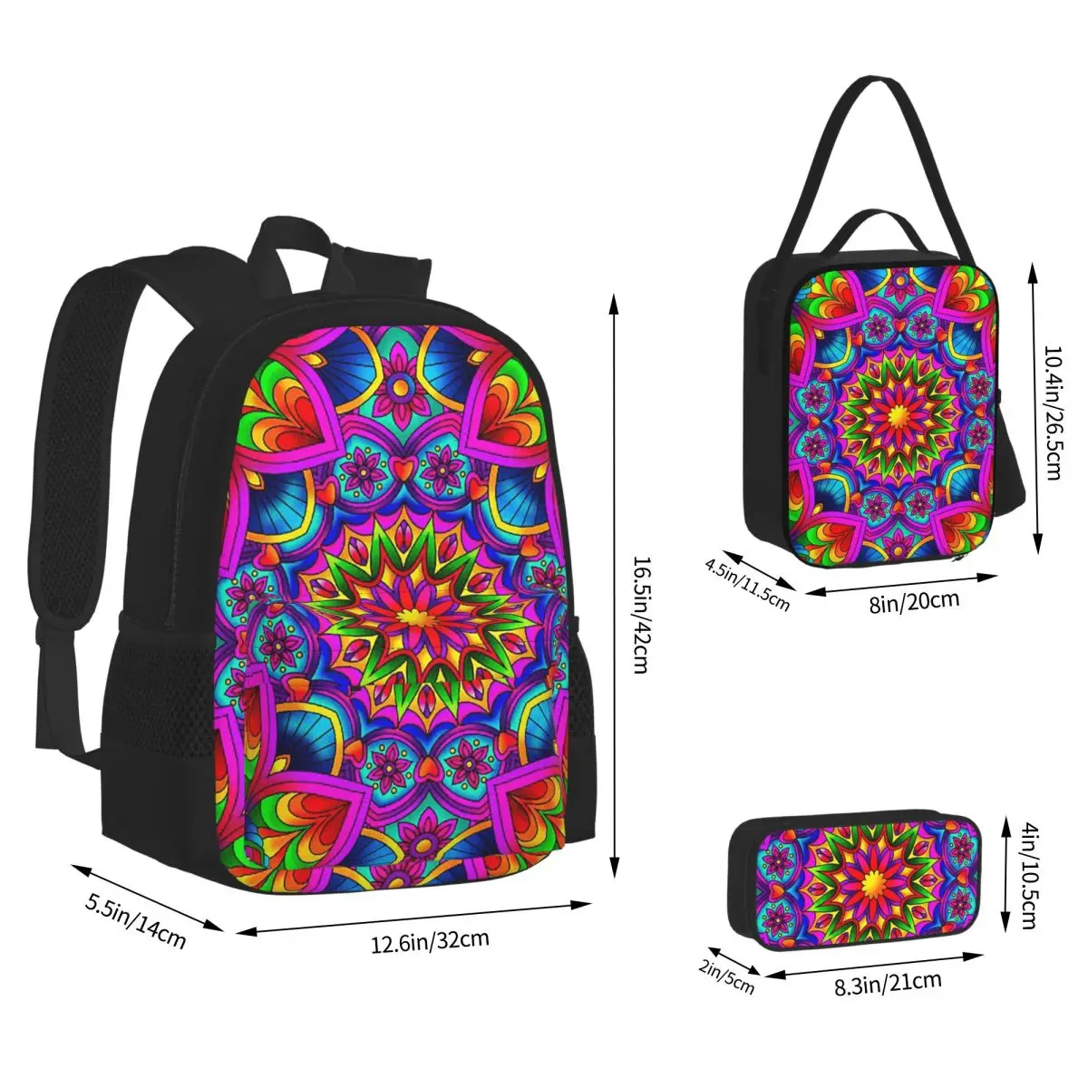Psychedelic Summer Color Mandala Print Backpacks Kids Bookbag School Bags Rucksack Lunch Bag Pen Bag Three-Piece Set