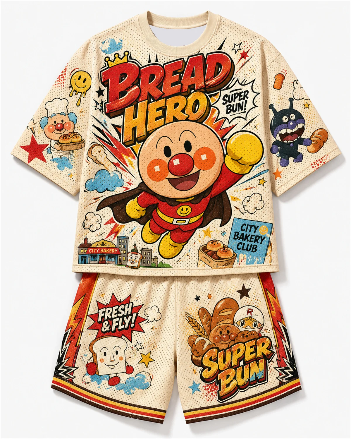 Anpanman Bread Hero Cartoon Mesh T-shirt Shorts Set Kids Beige Vintage Graffiti Summer 2 Piece Casual Sports Outfit