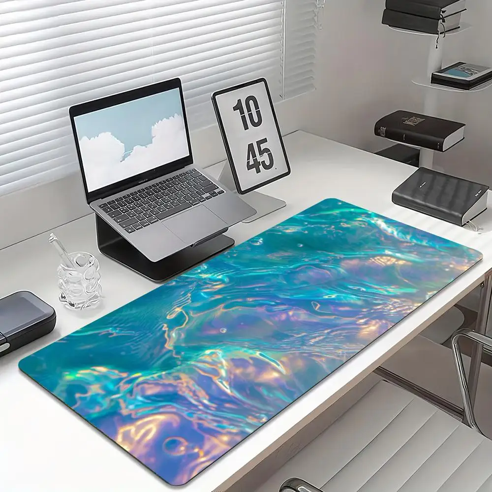 Iridescent Fluid Large Desk Mat Non Slip Gaming Mouse Pad Stitched Edge Holographic Keyboard Mat for Laptop PC Office Game Use