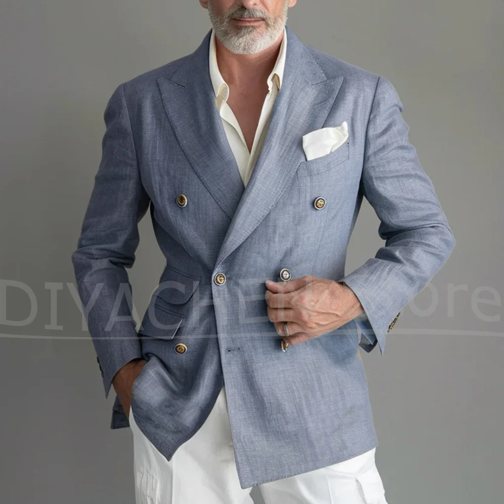 

Men's Double Breasted Linen Blazer Chic Peak Lapel Formal Smart Casual Jacket for Gentlemen Stylish Wedding Party Coat 1 Piece