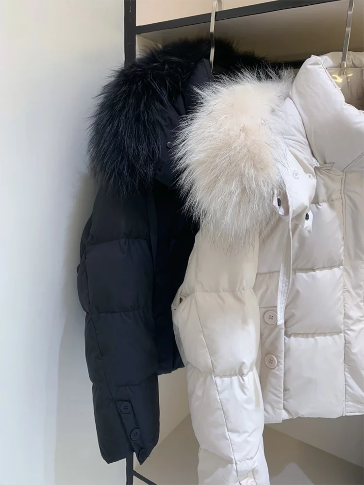 Winter warmer Mantel Fuchs Pelz kragen Daunen jacke für Frauen Kapuze Loose Fit 2024 neue weiße Enten Daunen mäntel abrigo mujer