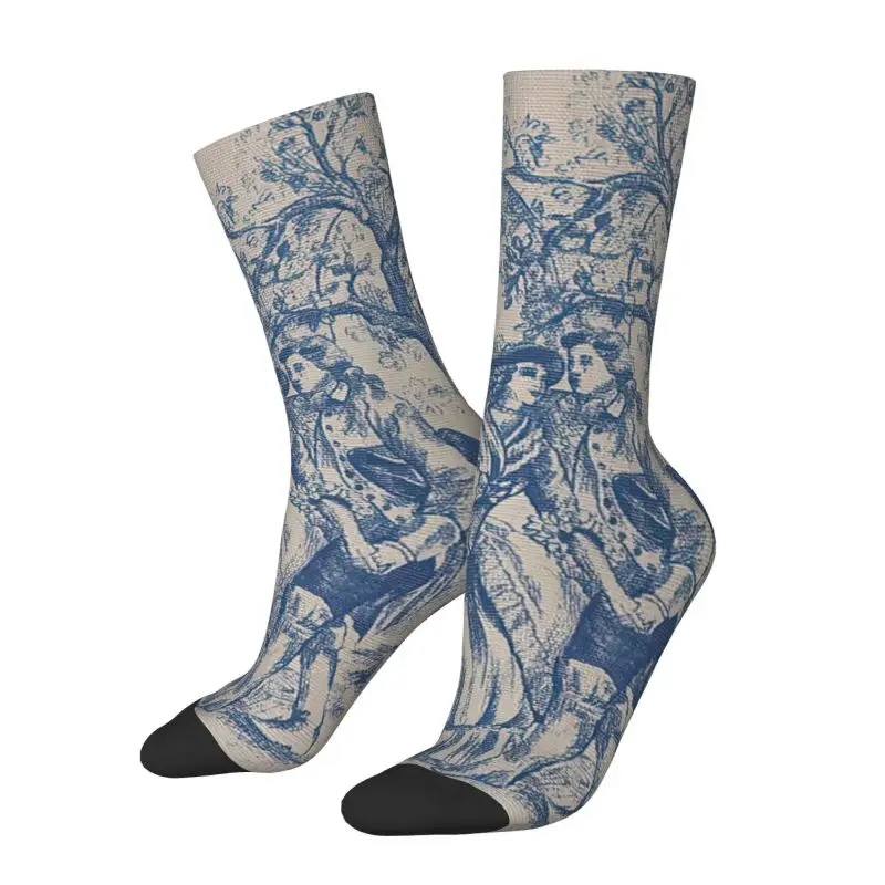 

Cool Vintage France Navy Blue Toile De Jouy Motif Socks Men Women Warm 3D Printing Basketball Sports Socks