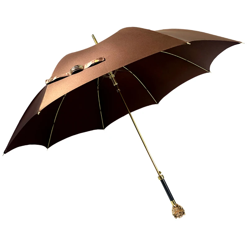 Golden Lion Head Straight Rod Umbrella British Style Retro  Coffee Clear Luxury Trendy Sunshade Upscale Satin Rain Gear