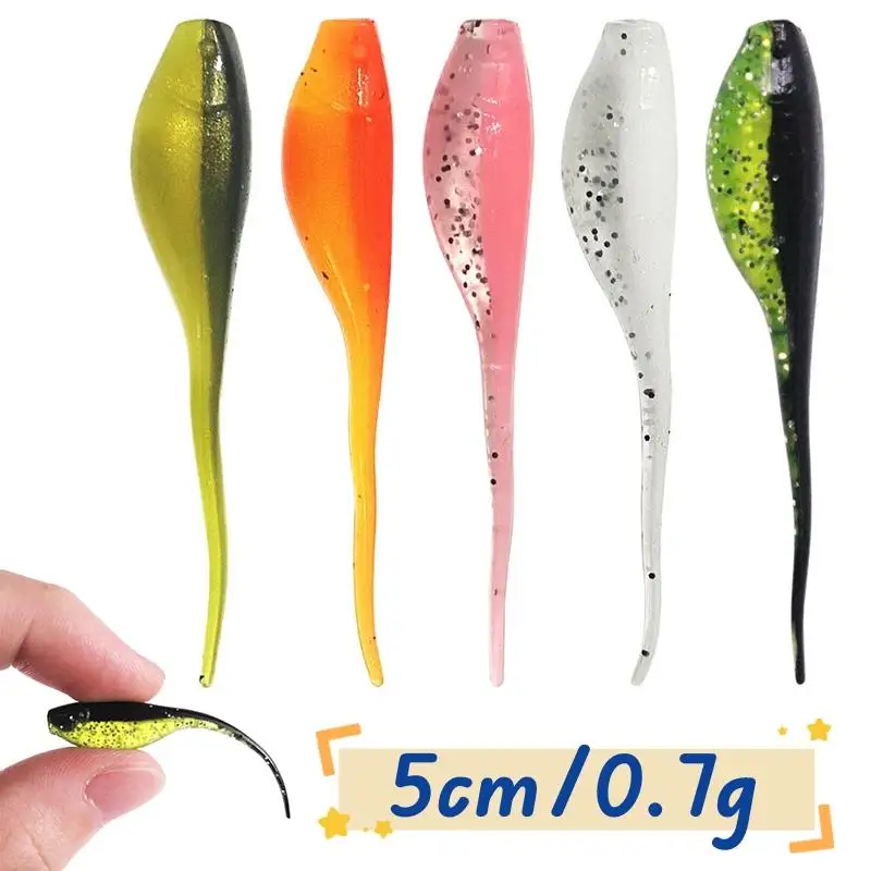 New 50-5PCS 0.7g 5cm Worm Fishing Lure Silicone Soft Lures Two- Color Needle Tail Swimbaits Artificial Bait Tadpole Shape Tackle