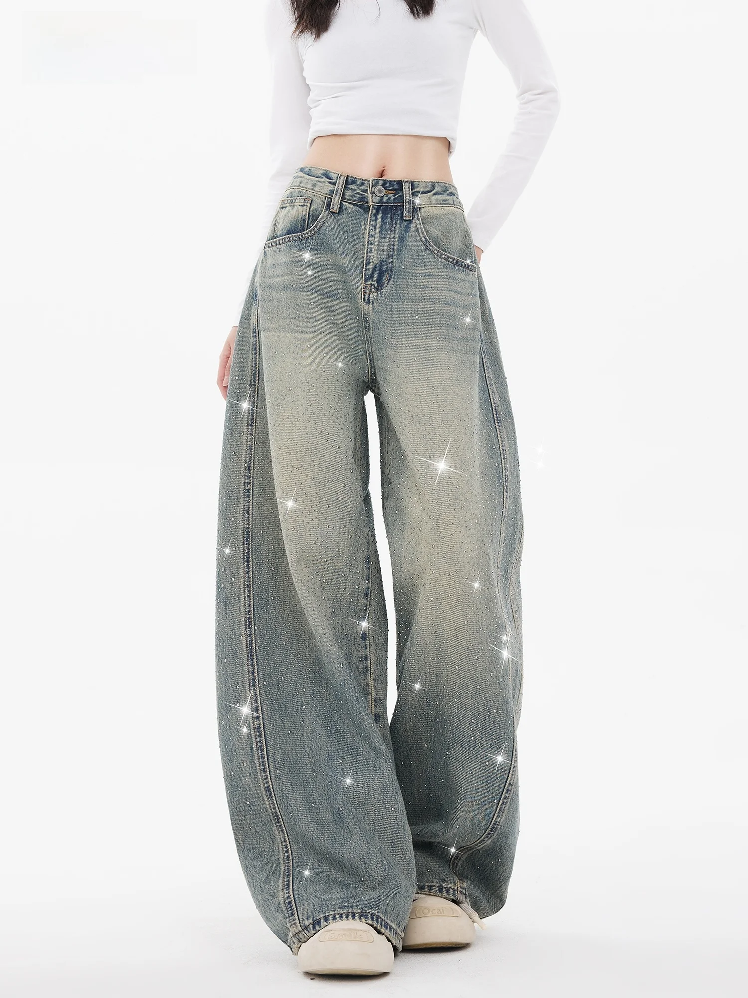 

Джинсы женские с высокой талией, блестящими звездами и стразами, летняя новинка E.D.X, повседневные, из смесового хлопка, с эффектом потертости