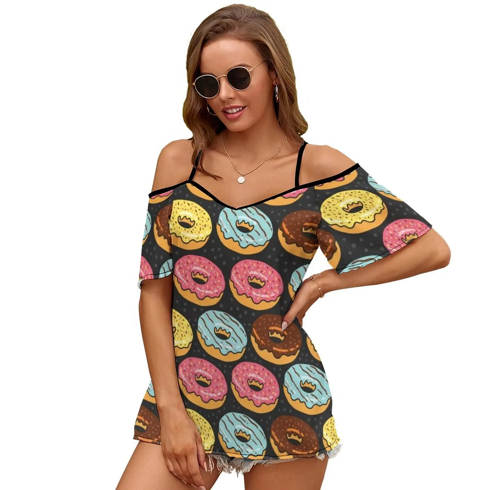 Donuts Forever Sexy And Club Fashion Female T-Shirt Short Sleeve Off Shoulder Lady T Shirts Blue Sprinkles Donut Donuts Snacks