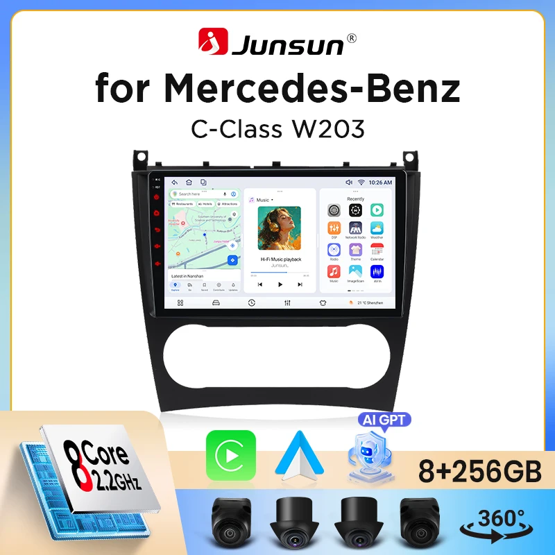 Junsun Wireless CarPlay Android Auto Autoradio für Mercedes-Benz C-Klasse (W203) 2000-2007 mit integriertem Lüfter, Android GPS-Navigation, Multimedia-Player, WiFi, DSP, RDS, BT, SWC, IPS-Touchscreen,
