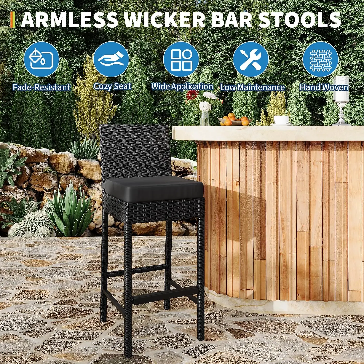 Patio Wicker Barstools with Cushion, Outdoor Rattan Bar Height Stool Armless for Backyard, Poolside, Customized