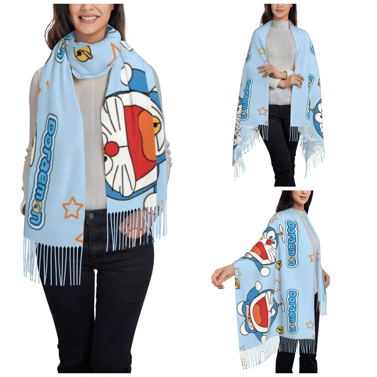 Kawaii Doraemon Flying Cartoon Scarf Women Fall Winter Pashmina Shawl Wrap Japanese Anime Long Scarves with Tassel Daily Wear