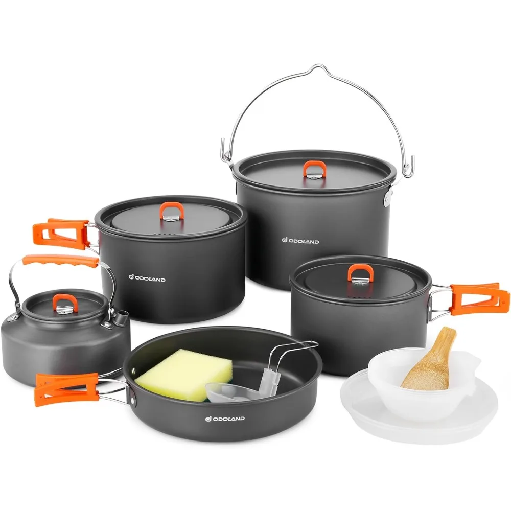 

Odoland 18pcs Camping Cookware Large Size Hanging Pot Pan Kettle Set with Plastic Plates Bowls Soup Spoon for Camping