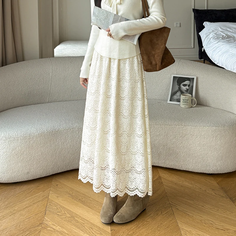 

Retro Mid-length Lace Fleece Skirt Women Korean Fashion Fall Winter High-waisted Skirt Female Chic All Match Faldas 2025