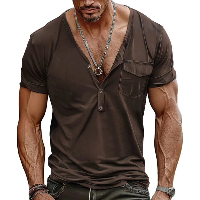 Leisure Slim Fit Mens T Shirt Fashion Patches Pocket Buttoned V Neck Henley Shirts Vintage Solid Color Short Sleeve T-shirts Men