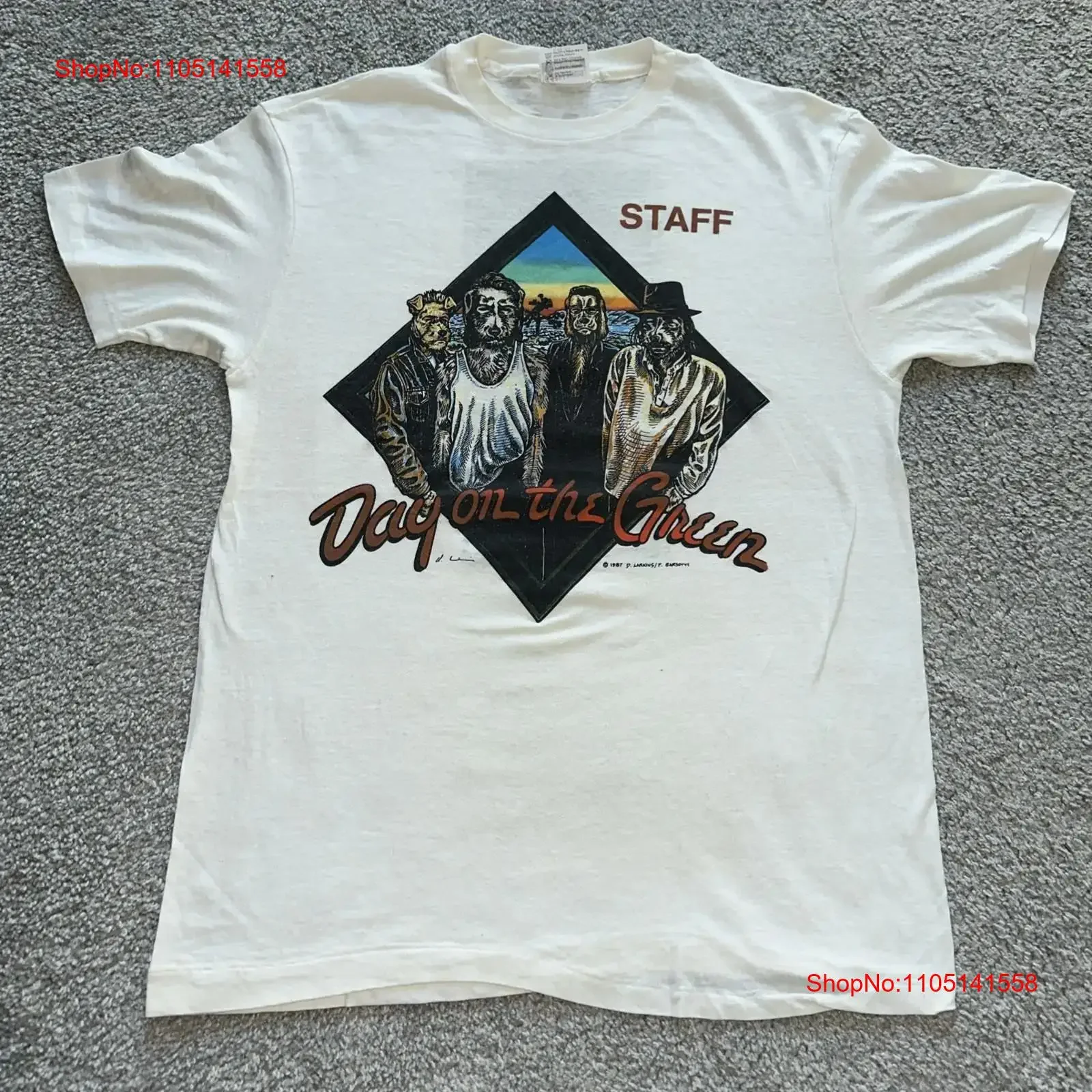 تي شيرت عتيق لليوم 1987 على الموظفين الأخضر Sz L U2 Pretenders Dennis Larkins عتيق مغسول أنيق متعدد الاستخدامات ممتد