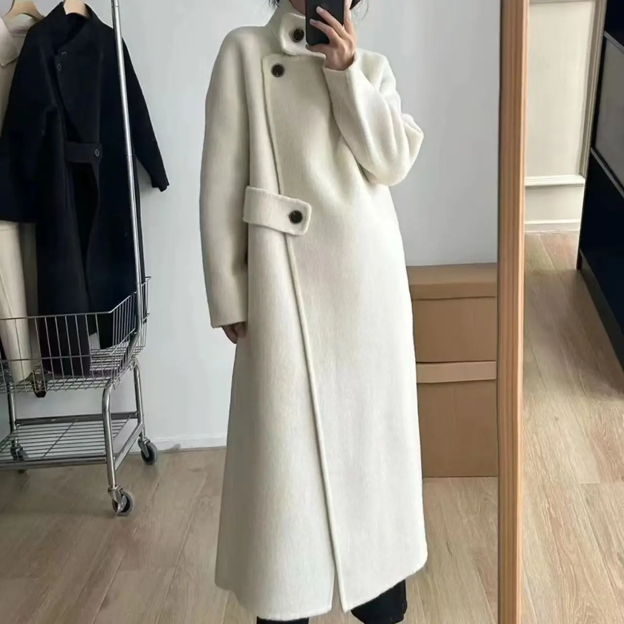 

Gray Wool Coat Women Lace-up Loose French Style Temperament Simple Chic Ins Winter New Long Woolen Coat