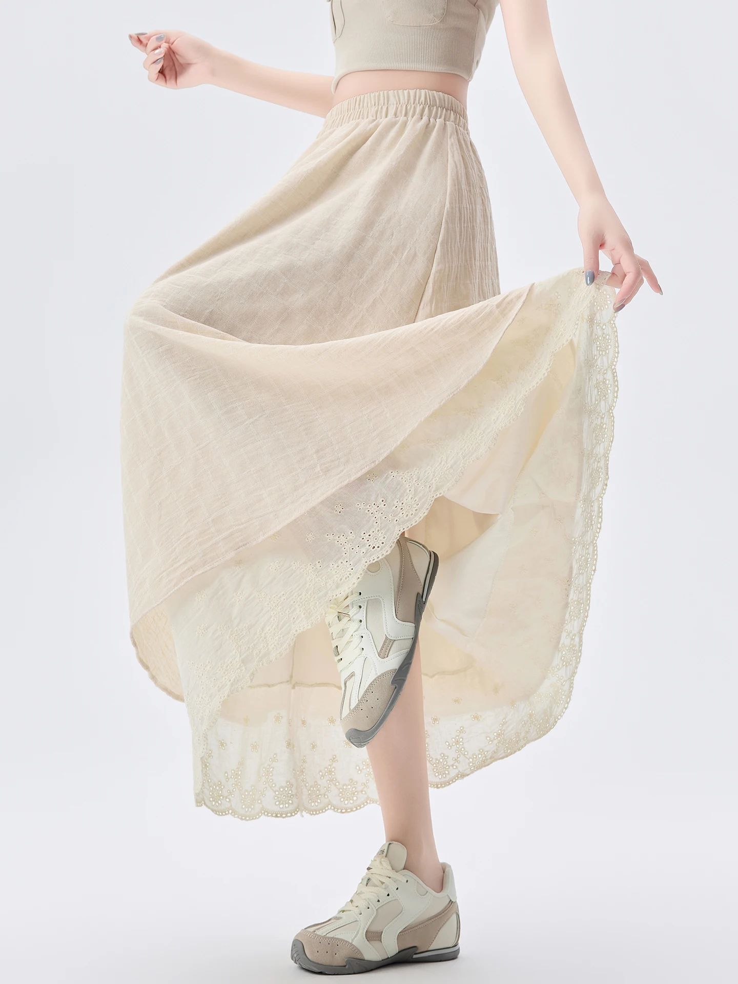 

Юбка миди А-силуэта с высокой талией, женская летняя, с кружевными вставками, в клетку, многослойная, из хлопка и льна, молодежная, в корейском стиле, фасон «зонтик»