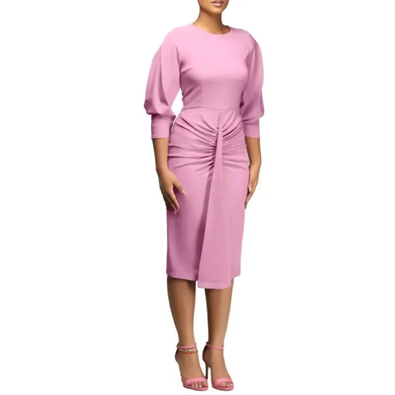 Spring Summer Fashion Office Ladies Dress Women Casual Solid Lantern Sleeves Knot Slim Dress Women