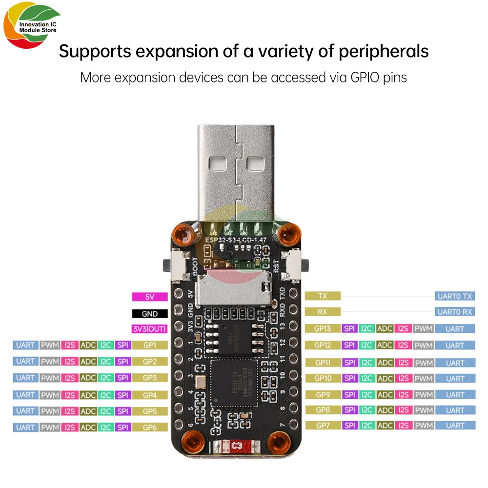 ESP32-S3 Development Board 1.47-inch LCD display on-board RGB color beads Micro SD card holder Full-speed USB serial port