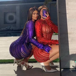 Sexy Hole Bodycon Mini Dress Long Sleeve O Neck Women Party Nightclub Wear Outfits New Fashion Hollow Out See Through Dress