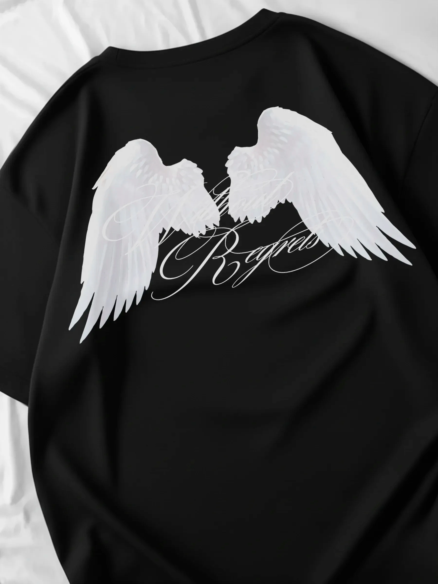 Women Oversized Black T-Shirt Y2K Angel Wings Graphic Print Harajuku Casual Short Sleeve Tee Streetwear Summer Tops