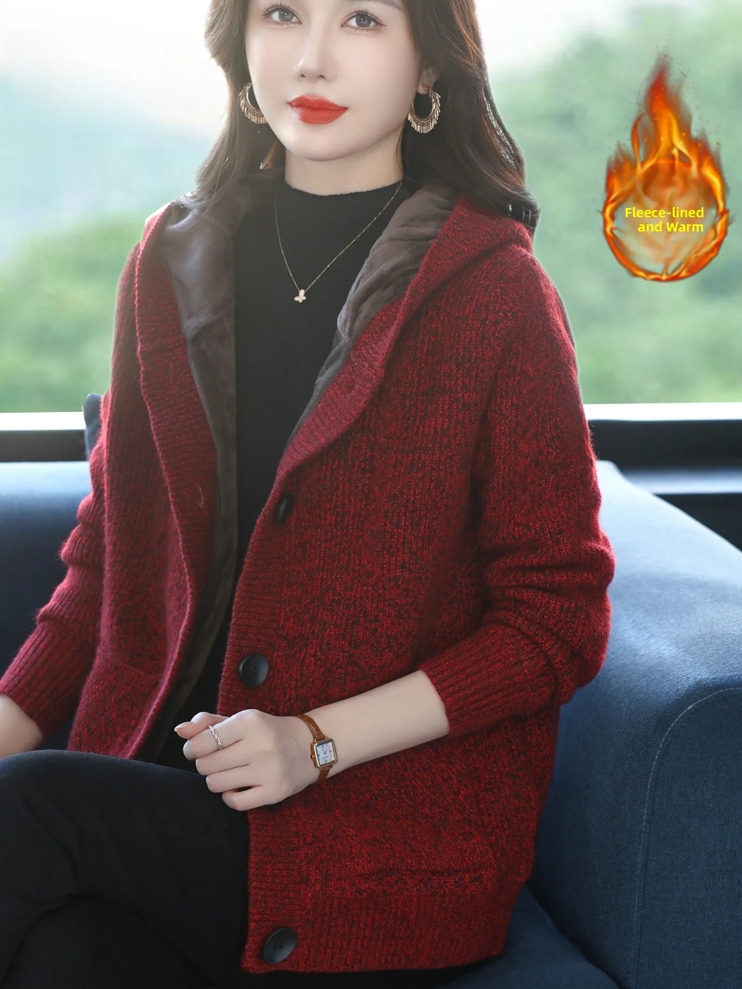 

Autumn Winter Thiened Fce Knitted Hooded Open Cardigan Women's Loose Warm Sweater Coat for Middle-Aged And ly Mothers