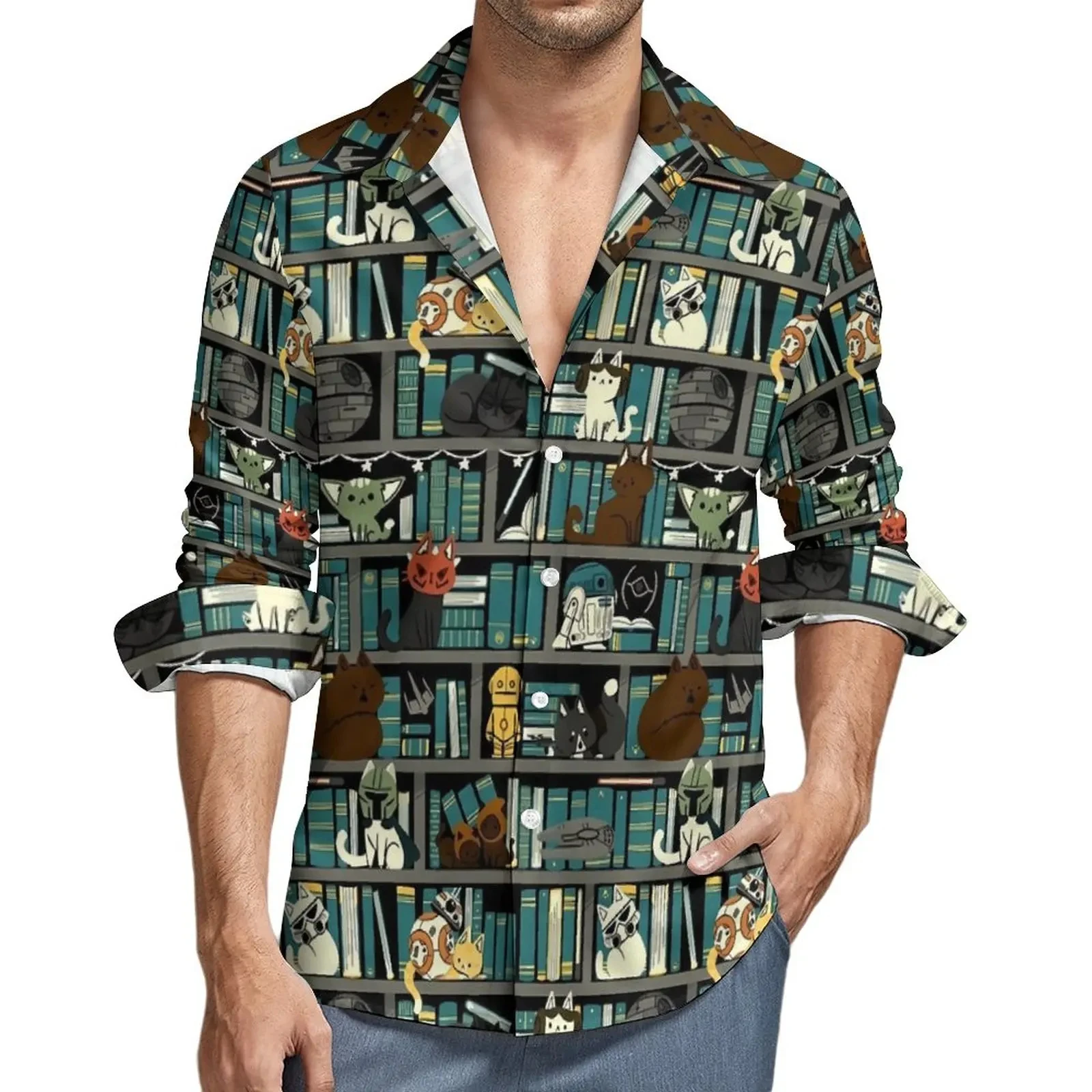 Camisa de manga larga con solapa impresa en 3D para hombre y mujer, camisa informal con botones, ropa de calle Unisex de gran tamaño, moda de biblioteca de gatos