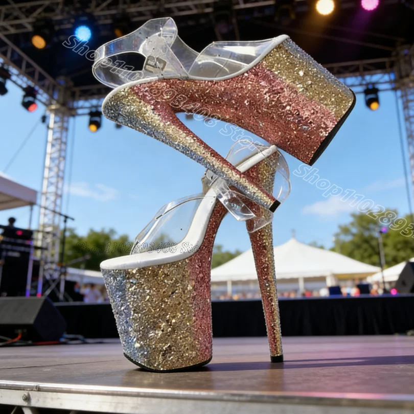 

Glitter Clear PVC Platform Sandals Open Toe Stylish Summer Performance 20cm Sexy Pole Dancing Sexy Sandals Zapatos Para Mujere