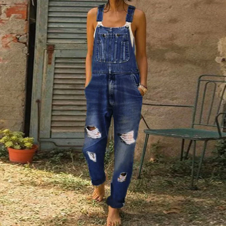 Combinaison en denim bleu pour femme, barboteuses à trous, pantalon de travail décontracté, jean spinal, pantalon long, streetwear, chaud, Y2K